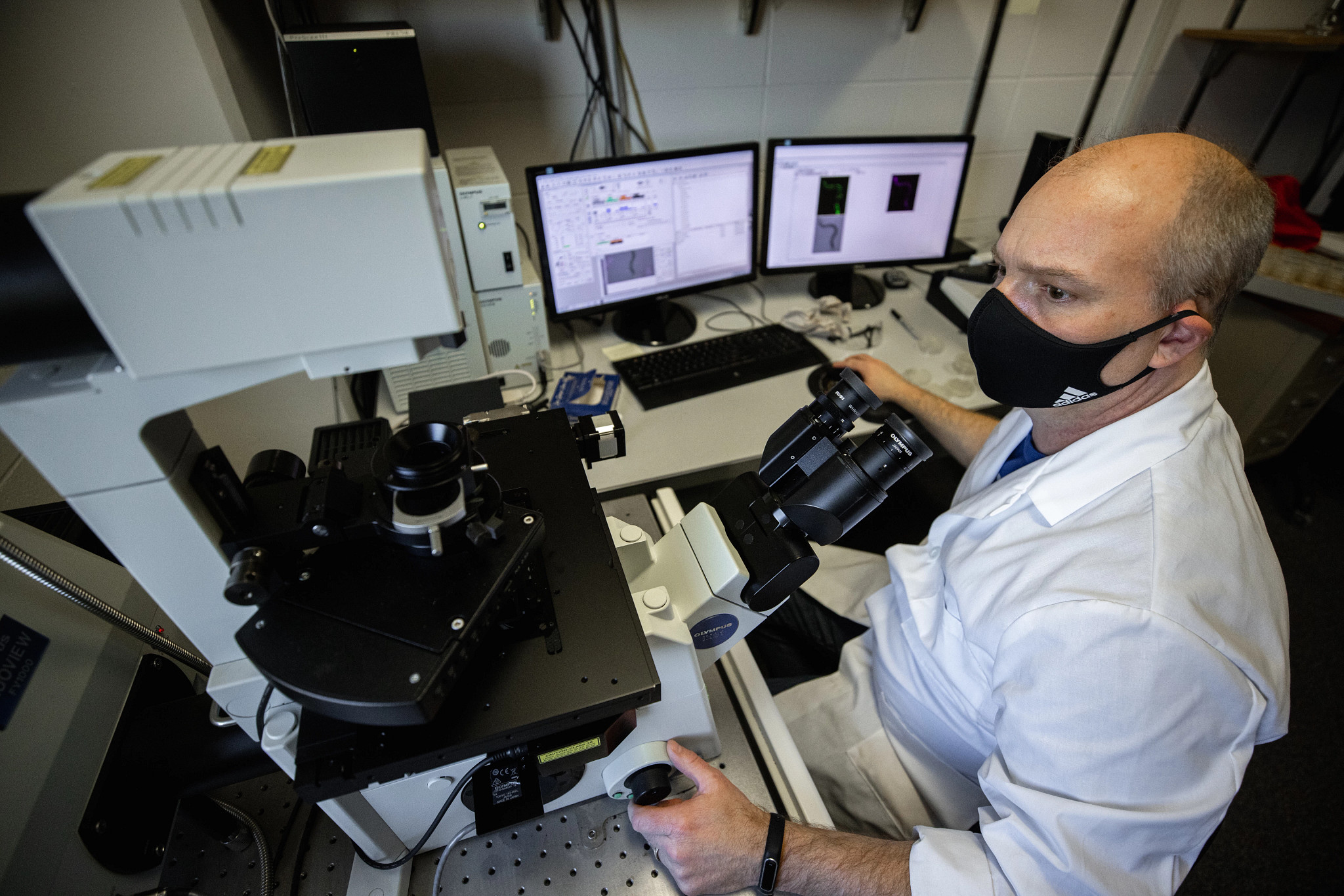 professor doing research in lab with microscopes and feeding data in computer